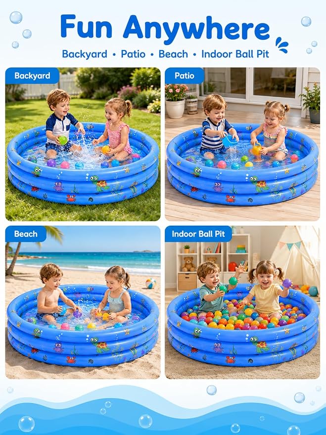 Inflatable Kiddie Pool for Baby with Bubble Bottom, 48"*12", Blue | Toddler Pool with Drain Plug, 3Ring Kids Pool for Summer Play, Flodable,Beach, Backyard, Indoor Ball Pit Play