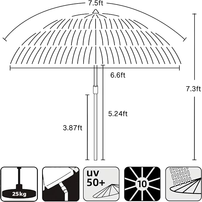 AMMSUN 7.5ft Hula Thatched Tiki Patio Beach Umbrella Hawaiian Style 10 Ribs UPF 50+ with Tilt Carry Bag for Outdoor Tiki Bar, Tropical Palapa, Patio Garden Beach Pool Backyard Natural Color