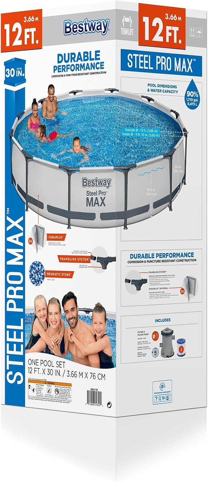 Bestway Steel Pro MAX 12' x 30" Above Ground Pool Set with Filter Pump | Metal Frame Pool, Corrosion-Resistant Steel, Puncture-Resistant Liner, Filter Pump, No-Tool Setup, Quick-Click Connectors