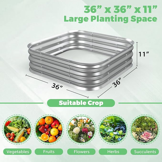 Galvanized Raised Garden Bed, 3x3x1ft Garden Planter Bed Outdoor, Heavy Duty Rustproof Steel Raised Bed Kit for Gardening Vegetables Fruits Flowers Grow, Silver