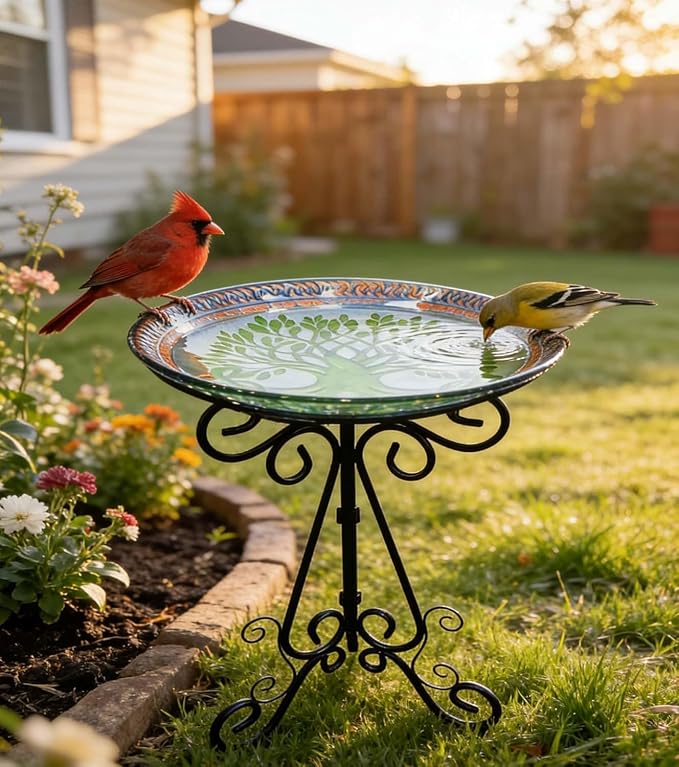 Large Bird Bath for Outside, Glass Bath Bowl with Metal Stand 28" H Standing Outdoor Birdbaths for Garden Yard Lawn Decor, Tree of Life-New