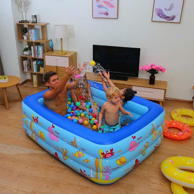 Inflatable Swimming Pool with Inflatable Soft Floor, 70" x 55" x 24" Blow Up Pool for Kids and Adults, Ocean World Kiddie Pool for Backyard, Garden, Outdoor, Party