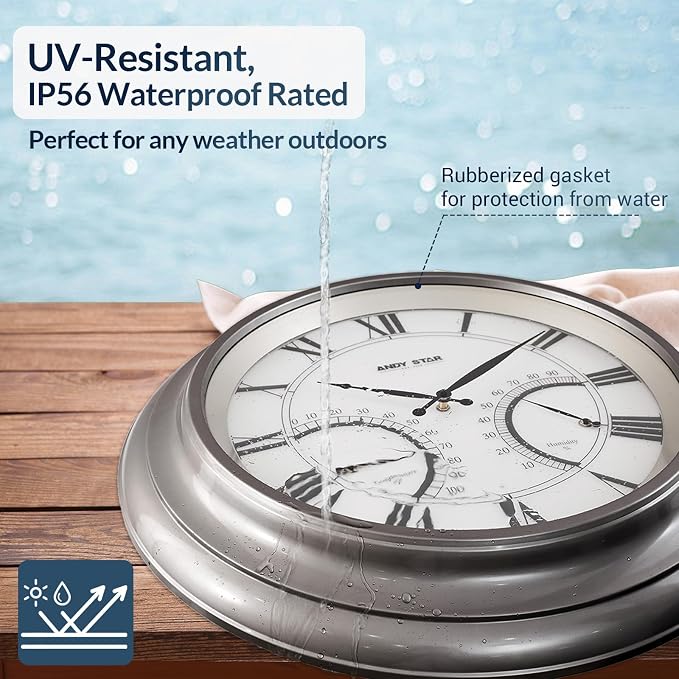 ANDY STAR 24 Inch Outdoor Clocks Waterproof,Large Outdoor Wall Clocks for Garden Patio Pool, Weatherproof Illuminated Metal Clock Battery Operated with Thermometer&Hygrometer, Silver Non Ticking