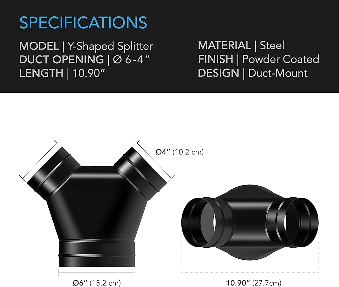 AC Infinity 3-Way Duct Splitter, 6 x 4 x 4” Exhaust Pipe Splitter | Y Connector, for Dryers and Vent Hoses