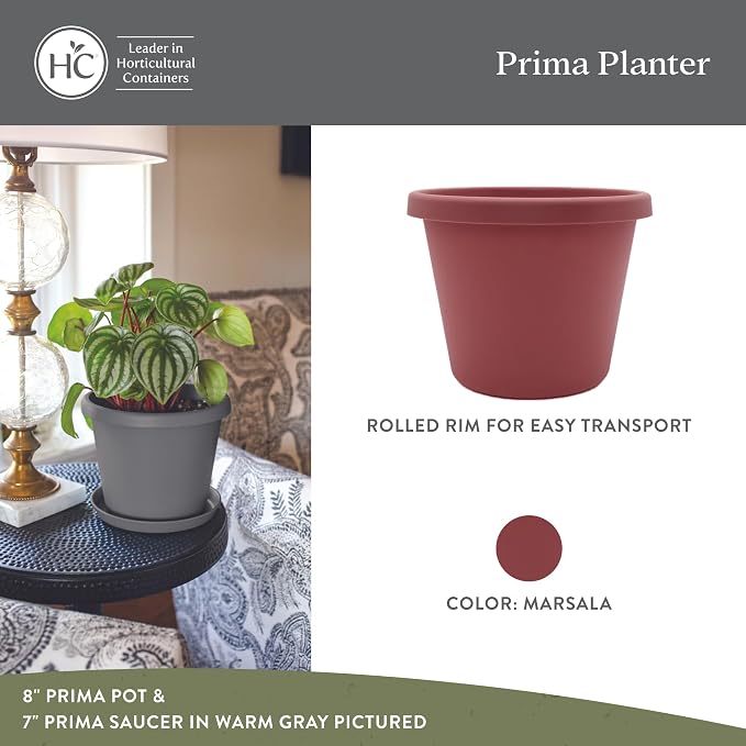 The HC Companies 12 Inch Prima Round Planter Pots with Drainage Holes and Rolled Rim, Lightweight UV-Resistant Plastic Indoor & Outdoor Planters, 2-Pack Flower Pots for Garden & Home Decor, Marsala