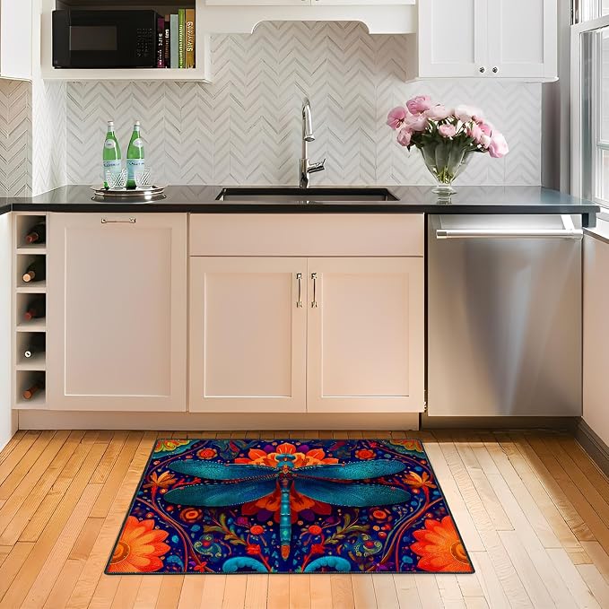 Dragonfly Floral 2x3 Entry Rug,Washable Small Rugs for Entryway Kitchen Bathroom Door Mat Indoor Entrance,Non Slip Rubber Backing,Stain & Fade Resistant,Vibrant Boho Farmhouse Decor