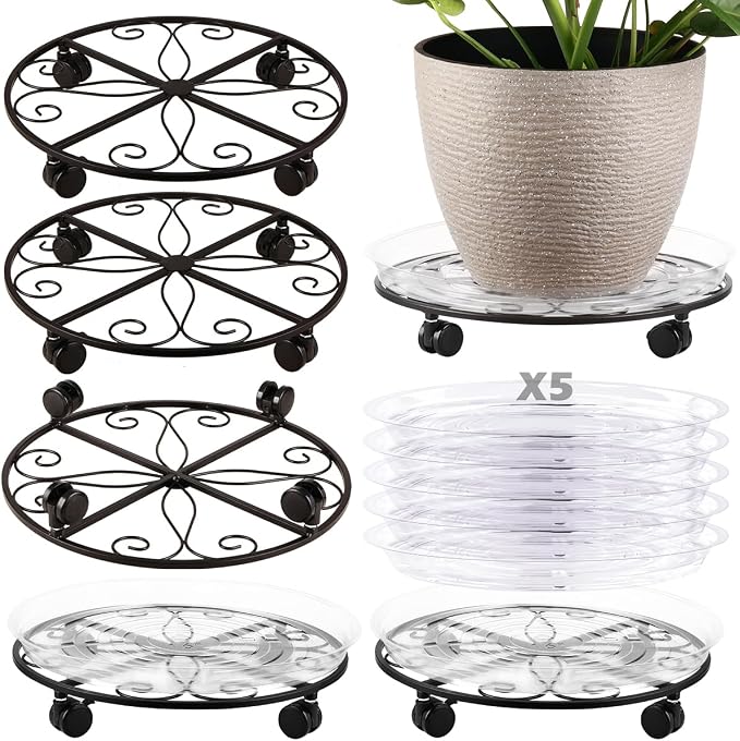 5 Packs 16” Plant Caddy with Wheels Metal Plant Stand on Wheels for Indoor and Outdoor Plants Rolling Plant Stand with Casters Heavy Duty Plant Dolly Roller Caddy, Black