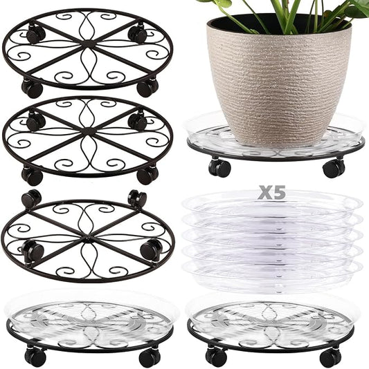 5 Packs 16” Plant Caddy with Wheels Metal Plant Stand on Wheels for Indoor and Outdoor Plants Rolling Plant Stand with Casters Heavy Duty Plant Dolly Roller Caddy, Black