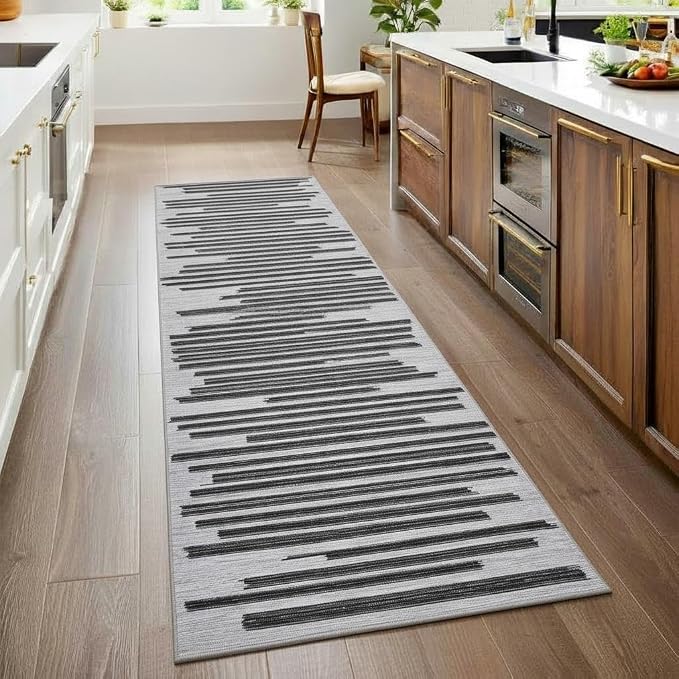 GarveeHome Black Grey 2x6 Runner Rug for Hallway Modern Striped Indoor Carpet