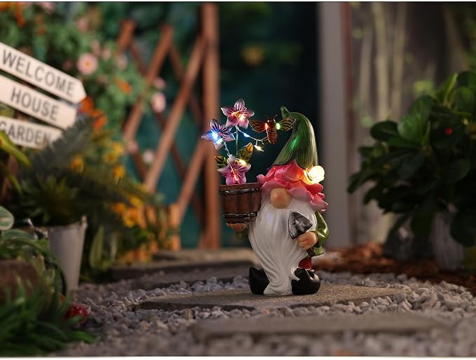 Outdoor Garden Gnomes Statues with Solar Lights Gnomes Gardening Birthday Gifts for Women Mom Grandma, Gnome Sculpture Figurine Outside Garden Decorations for Yard Patio Porch Lawn Backyard Decor