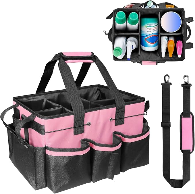 Large Wearable Cleaning Caddy Bag – Waterproof Tote with Multiple Compartments, 4 Detachable Dividers, Adjustable Shoulder Strap & Waist Belt, Heavy-Duty Organizer for Housekeepers, Home, Car -Pink