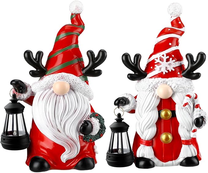 Suzile 2 Pack 9.4 Inch Gnome Statue Christmas Garden Decor with Solar Lights Resin Outdoor Christmas Decoration Figurine with LED Lantern Outside for Courtyard Lawn Patio Porch Housewarming Gift