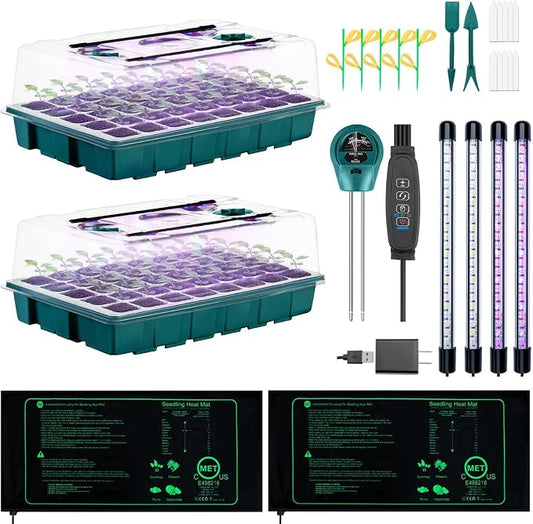 Seed Starter Tray with Grow Lights and Heat Mat, 3-in-1 Soil Meter, 80-Cell Seed Growing Tray, Germination & Plant Propagation Station for Indoor Plants 2-Pack