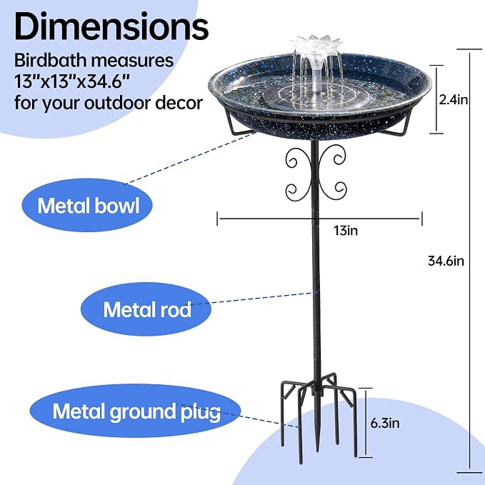 Yiabivo Solar Powered Bird Bath with Fountains for Hummingbirds,Stable Stylish Design with 5-Prong Base Stake Metal Bird Bath for Outside Yard Lawn Patio Garden(Blue)