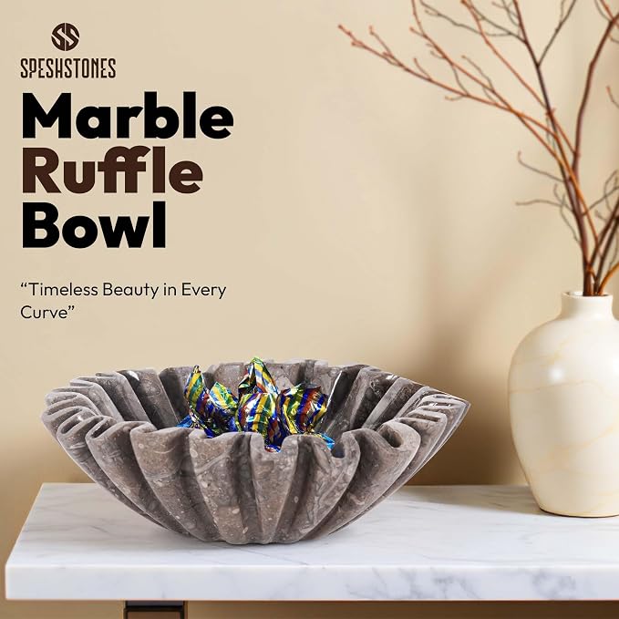 Marble Decorative Bowl Handmade 8 Inch Stone Ruffle Bowl, Fruit Bowl for Kitchen Counter, Large Scalloped Bowls for Housewarming Gifts, Modern Fluted Bowl for Home Decor