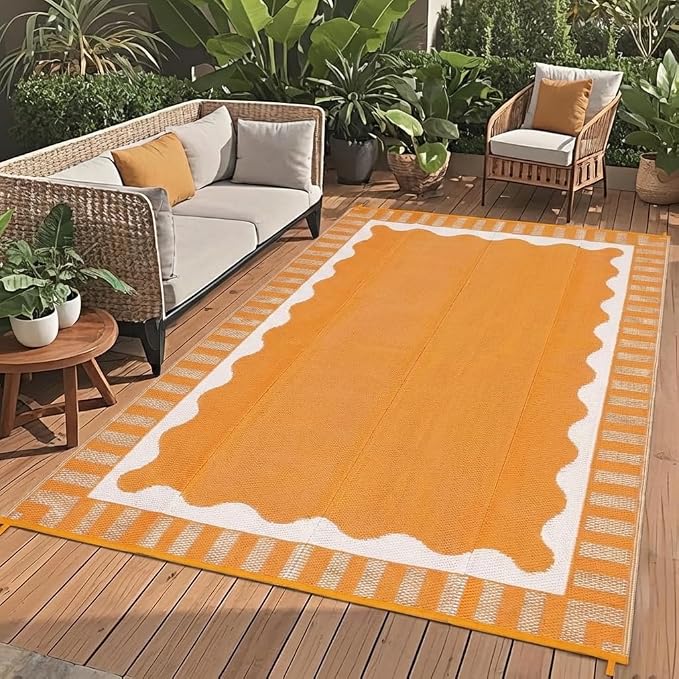 Garvee Large Waterproof Outdoor Rug 8x10 Outdoor Patio Rug, Modern Scalloped Reversible Plastic Straw Camping Rugs, Bordered Outside Carpet for Picnic Backyard Deck Balcony Trailer, Orange
