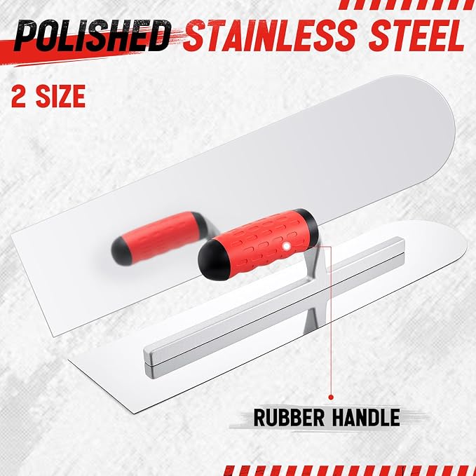 Large 20" & 16" Concrete Finishing Trowel Set, Stainless Steel Masonry & Plastering Finishing Trowels, Square & Round End Trowels with 6" x 3" 1/4" R Edger, DIY Patio, Driveway & Small Projects
