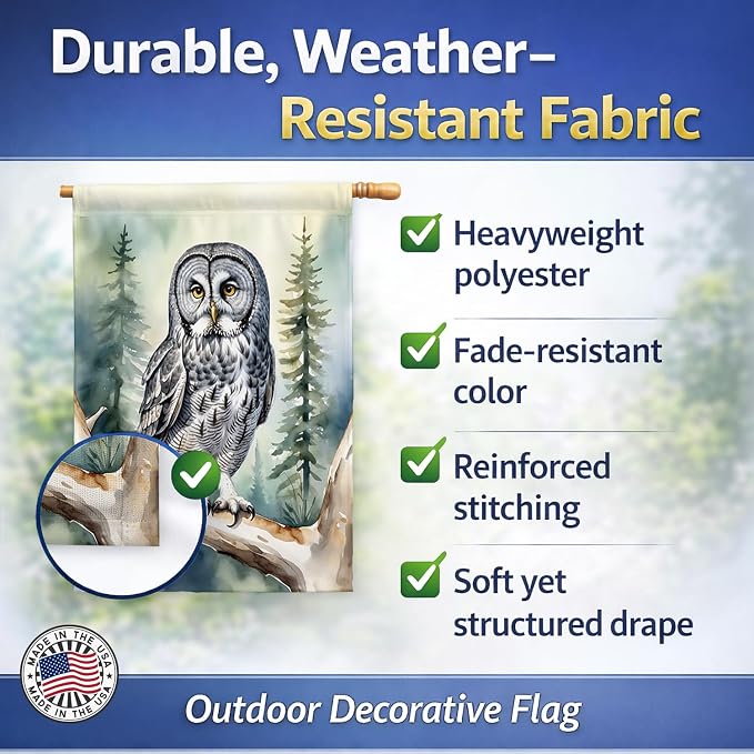 Caroline's Treasures Great Gray Owl House Flag Large Porch Sleeve Pole Decorative Outside Yard Banner Artwork Wall Hanging, Polyester, House Size, Multicolor