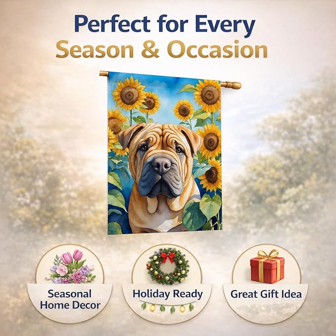 Caroline's Treasures DAC6159CHF Shar Pei in Sunflowers House Flag Large Porch Sleeve Pole Decorative Outside Yard Banner Artwork Wall Hanging, Polyester, House Size, Multicolor
