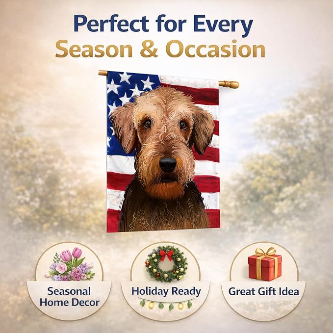 Caroline's Treasures CK6385CHF Airedale Terrier American Flag House Flag Large Porch Sleeve Pole Decorative Outside Yard Banner Artwork Wall Hanging, Polyester, House Size, Multicolor