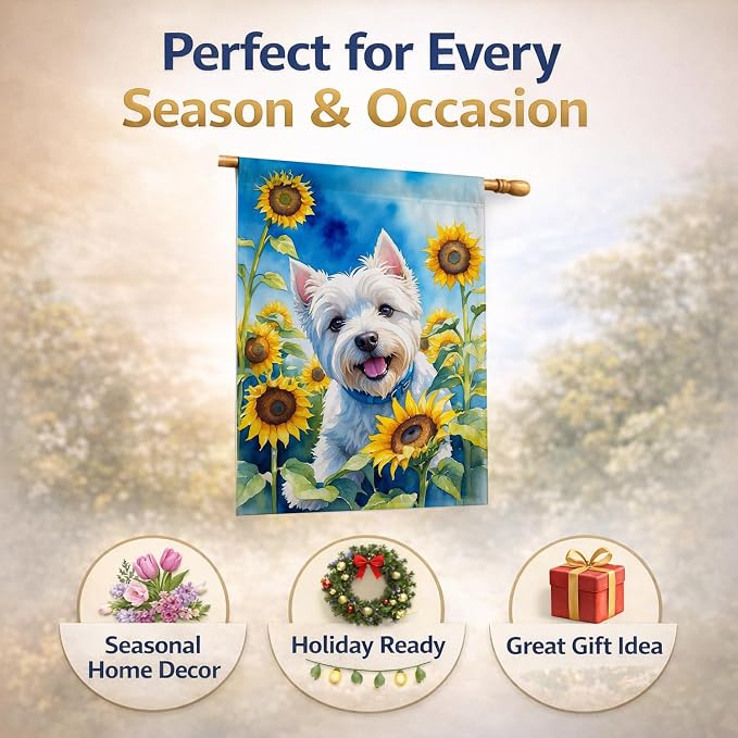Caroline's Treasures DAC6174CHF Westie in Sunflowers House Flag Large Porch Sleeve Pole Decorative Outside Yard Banner Artwork Wall Hanging, Polyester, House Size, Multicolor
