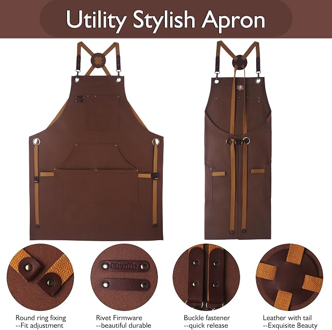 Kitchen Apron, Work Apron, Canvas Apron, Brown | Multiple Pockets, Gardening, Painting, BBQ, Carpenter, Sizes M to XXL