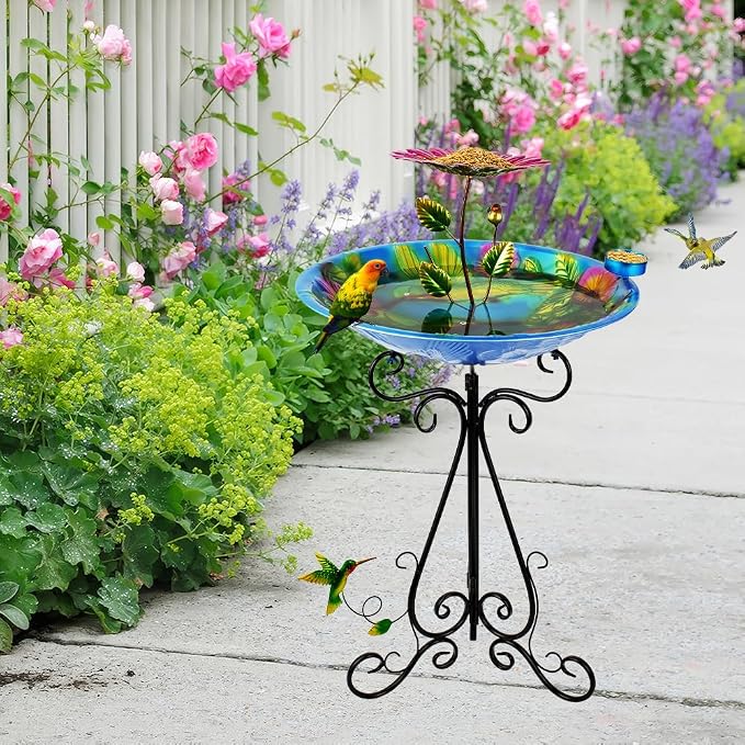 DREAMSOUL 20" Dia Bird Bath Stand Metal Birdbath with Folding Bracket, 2 in 1 Hummingbird Deep Bird Bath for Outside