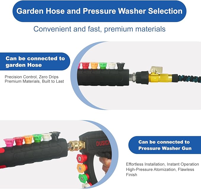 DUSICHIN Pressure Washer Extension Wand Gutter Cleaning 8 FT Garden Hose Adapter, Upgarded Soft Handle 6 Nozzle Tips 3 Curved Rod for Gutter, 1/4" M22-14mm Fitting 3/4" GHT Connector DUS2612