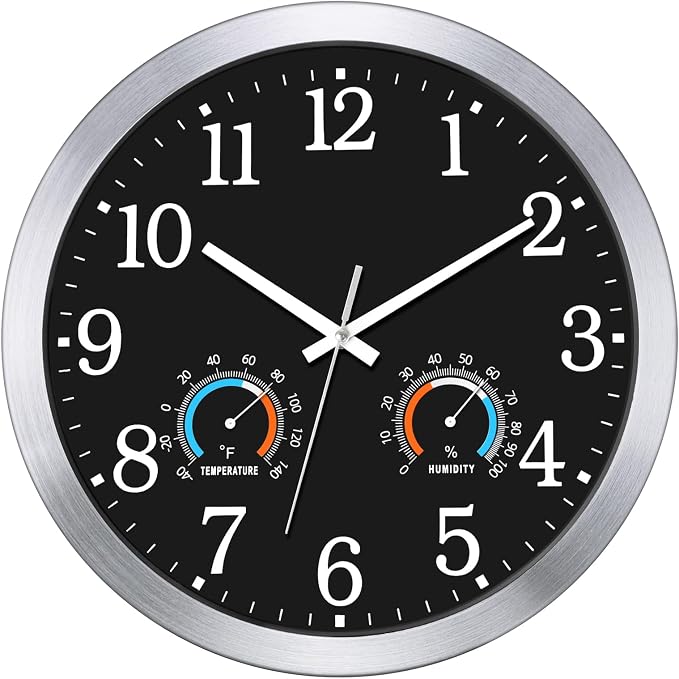Caysie 16 Inch Indoor Outdoor Clocks Waterproof with Thermometer and Hygrometer Combo, Silent Battery Operated Quartz Metal Wall Clock for Patio Pool Bathroom Home (Black)