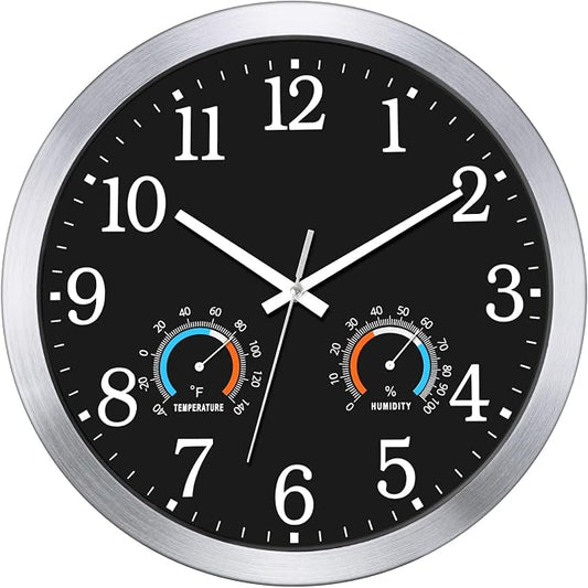 Caysie 16 Inch Indoor Outdoor Clocks Waterproof with Thermometer and Hygrometer Combo, Silent Battery Operated Quartz Metal Wall Clock for Patio Pool Bathroom Home (Black)
