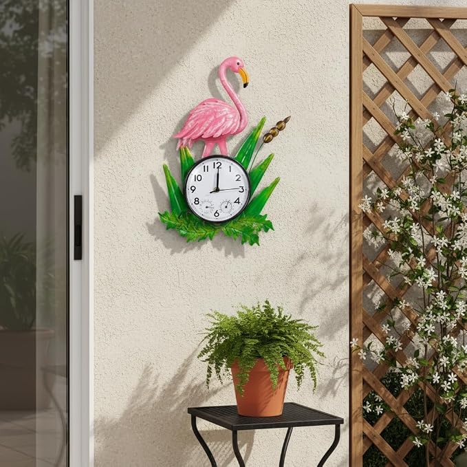 Outdoor Clock Silent Non-Ticking, Outdoor Wall Clocks with Thermometer & Humidity, Quartz Clocks Waterproof Decor for Patio Garden Living Room（Pink Flamingo）