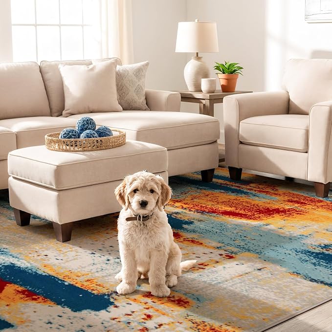 Rugshop Novel Abstract Fade-Resistant Area Rug Multi 6' 6" x 9' | Stain Resistant,Bedroom, Dining Room, Home Office, Kitchen, Entryway, Hallway, Nursery, Kids Room, Guest Room