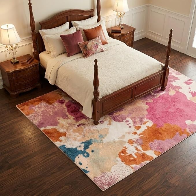5x7 Green and Pink Modern Abstract Wavy Stripe Area Rug | Washable non-slip low-pile faux cashmere rug; ideal for living room, bedroom, nursery, and home office.
