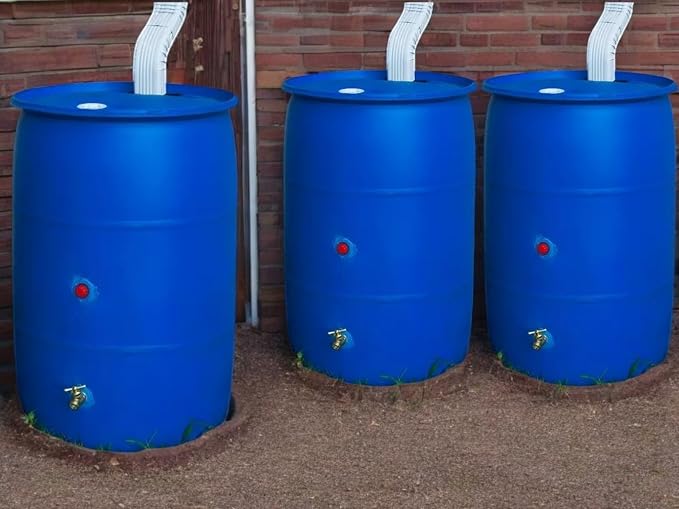 55-Gallon Rain Barrel with Spigot, Blue, Water Collection Container (3 Pack)