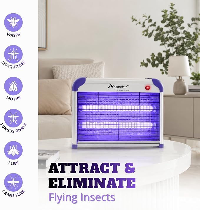 ASPECTEK 20W Heavy Duty Bug Zapper, High-Voltage Electric Mosquito and Fly Killer, Indoor and Covered Outdoor Gnat Control for Bedroom, Patio and Greenhouse, Includes 2 UV Bulbs - Purple