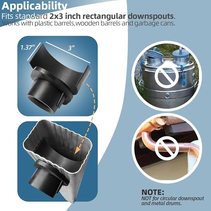 Rain Barrel Diverter Kit for 2x3" Downspout - Rain Water Diverter Connector System Fits Rectangular Downspouts, Converts Plastics Barrel into Rain Barrel