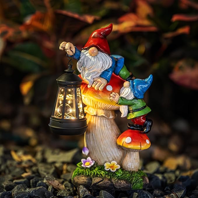 C&Y&G&X Solar Garden Gnome Statue with Lantern, Waterproof Mushroom Garden Decor, Resin Gnome Yard Art with Solar LED Lights for Outdoor Lawn Patio Porch, Gifts for Mom Grandma Garden Lovers
