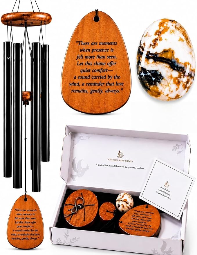 Memorial Wind Chimes for Loss of Loved One - 28 in. Sympathy Wind Chime Gift with Keepsake Stone & Message Card, Calming Tone, Wood Mute Damper, Garden Porch Patio Decor for Outside