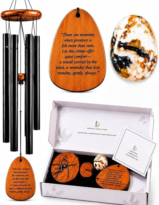 Memorial Wind Chimes for Loss of Loved One - 28 in. Sympathy Wind Chime Gift with Keepsake Stone & Message Card, Calming Tone, Wood Mute Damper, Garden Porch Patio Decor for Outside