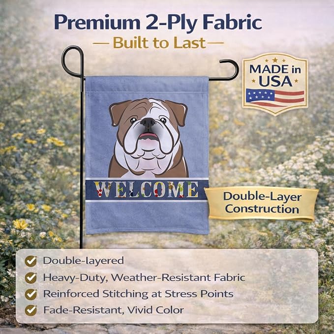 Caroline's Treasures BB1405GF English Bulldog Welcome Garden Flag, Blue Mailbox Flag Decorative Yard Flag Banner Outside Patio Artwork Yard Flower Beds, Garden Size, Multicolor