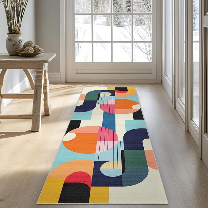 2x6 Area Rug Colorful Boho Geometric Modern Abstract Runner Rug for Kitchen Bedside Machine Washable Non-Slip Throw Rug for Bedroom Closet