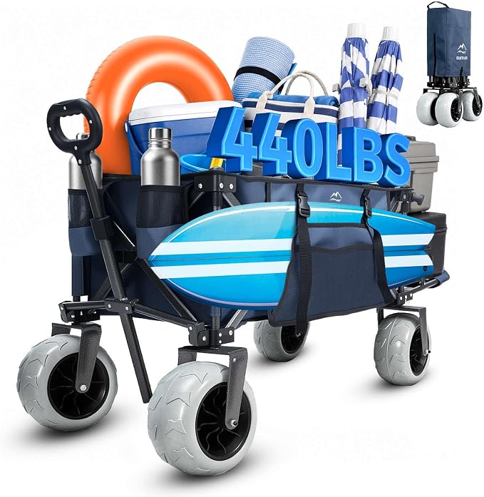 Heavy Duty Beach Wagon with 9" Big Sand-Proof Wheels, 200L Oversized Foldable Beach Cart, 440LBS Utility Wagon with Side Pocket for Sand,Camping,Vacation
