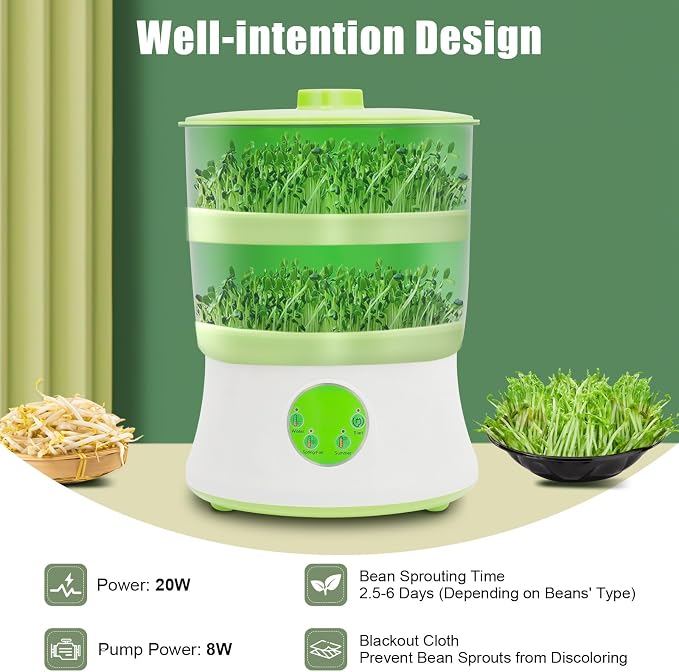Bean Sprouts Grow Kit Sprouts Growing Kit 2-Layer 110V Smart Sprouter with 360°Sprinkler and 3 Seasonal Modes, Indoor Bean Sprout Maker for Soybean, Mung Bean, Radish, and Wheatgrass