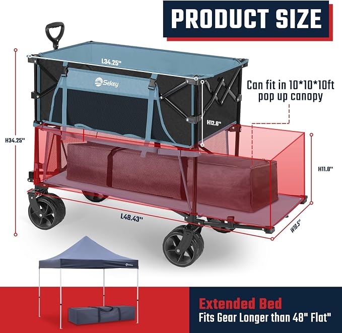 Sekey 500LBS Heavy Duty Double Decker Wagon with Extender, 400L Large Capacity Collapsible Garden Cart Fits 10x10 Canopy, All-Terrain Big Wheels with Brakes, Foldable Utility Wagon for Sports, Camping