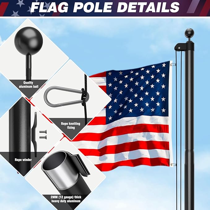 HAYOHRT Heavy Duty Flag Pole 12 Gauge Extra Thick 25FT Black Flagpole Kit with Embroidered American Flag for Yard Outdoor Commercial Residential Outside House In Ground 100MPH Wind Tested