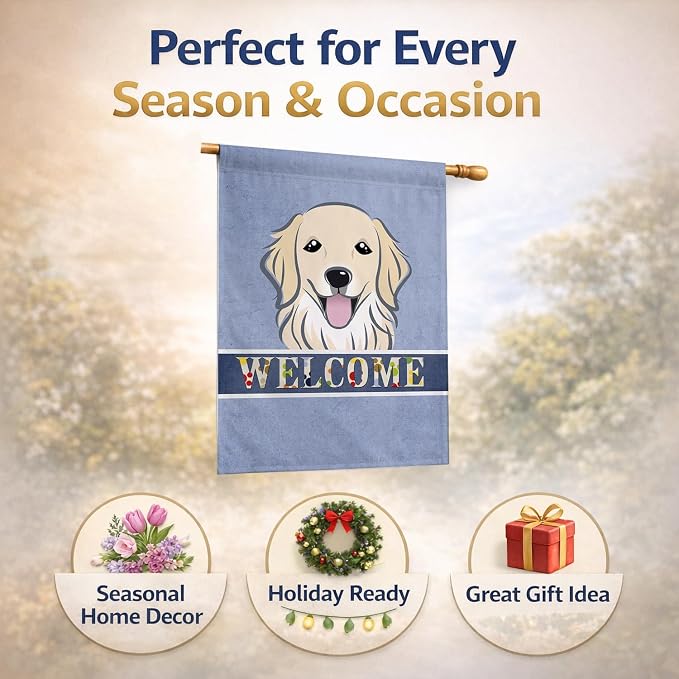 Caroline's Treasures BB1391CHF Golden Retriever Welcome House Flag, Blue Large Porch Sleeve Pole Decorative Outside Yard Banner Artwork Wall Hanging, Polyester, House Size, Multicolor