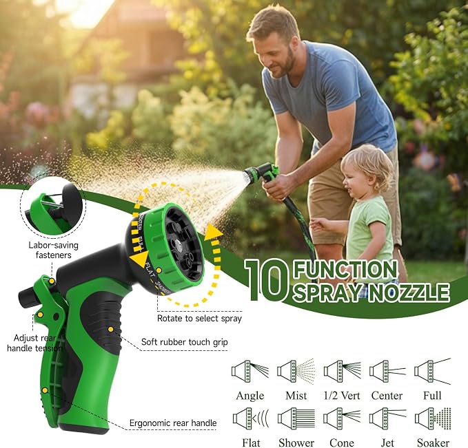 Non-Expandable Garden Hose 125 FT, Heavy-Duty & Flexible Water Hose with 10-Function Nozzle, Kink-Free & Leak-Proof Design, Ultra Lightweight Portable Yard Hose for Lawn, Car, Outdoor Use