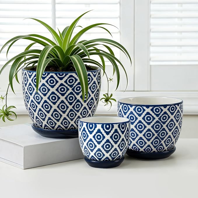 Ceramic Pots for Indoor Plants - 3.5"+4.6"+5.6" Flower Pots with Drainage Holes and Saucers - Succulents Plant Pots for Orchid, Cactus, Pothos, Herbs, Home Office, Set of 3, Vintage Blue, Dot