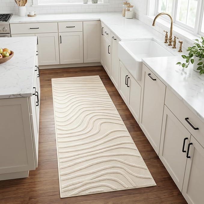 Etwel 2x6 Beige Modern Wavy Textured High-Low Pile Washable Runner Rug | Soft Carpet, Non-Slip PVC Backing, Low Profile, Kid and Pet Friendly, for Kitchen, Entryway, Hallway, Bedroom