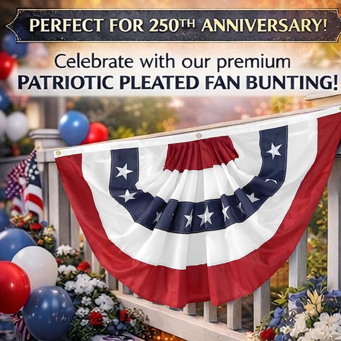 6Pack American Bunting Flags for 4th of July Patriotic Decor 1.5x3Ft Pleated Half Fan Bunting 250th Anniversary Outside Porch USA Flag Garden Embroidered Star Red White & Blue Stripe Banner